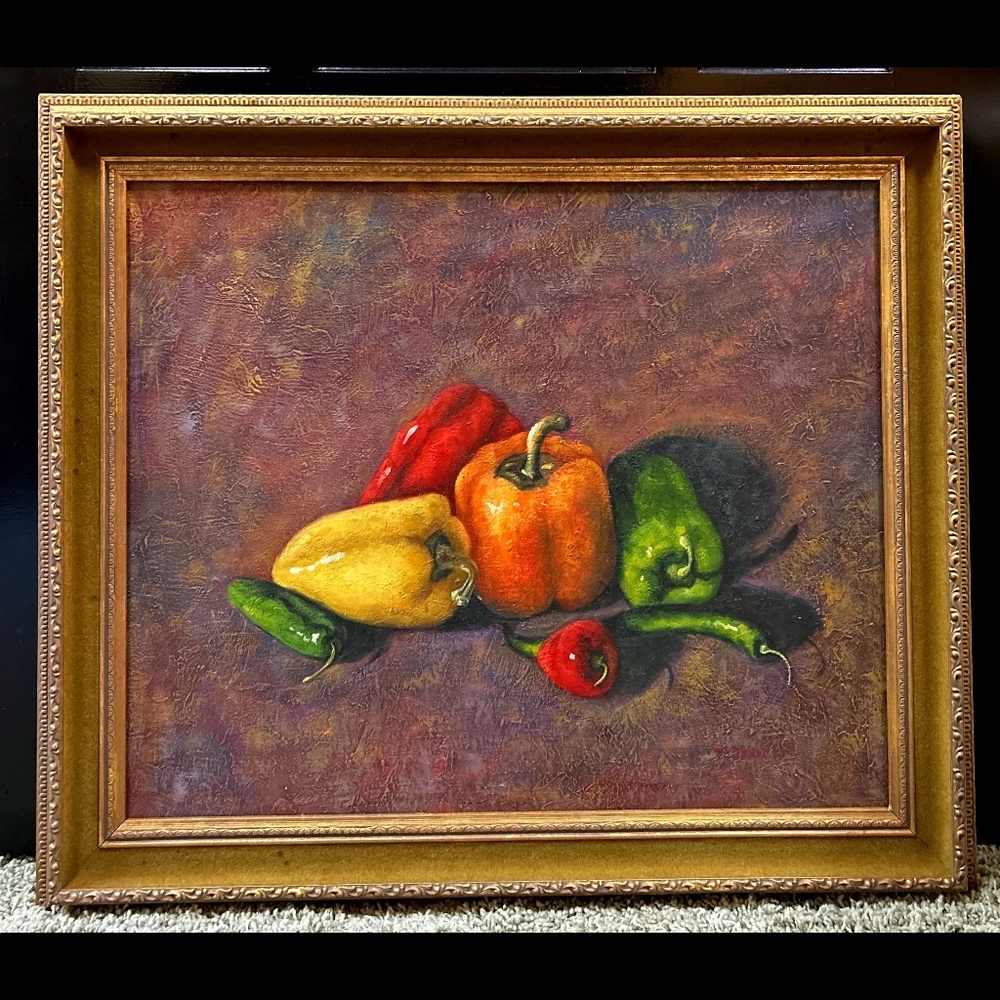 VINTAGE Original Oil Impasto STILL LIFE Colorful Peppers Signed Framed